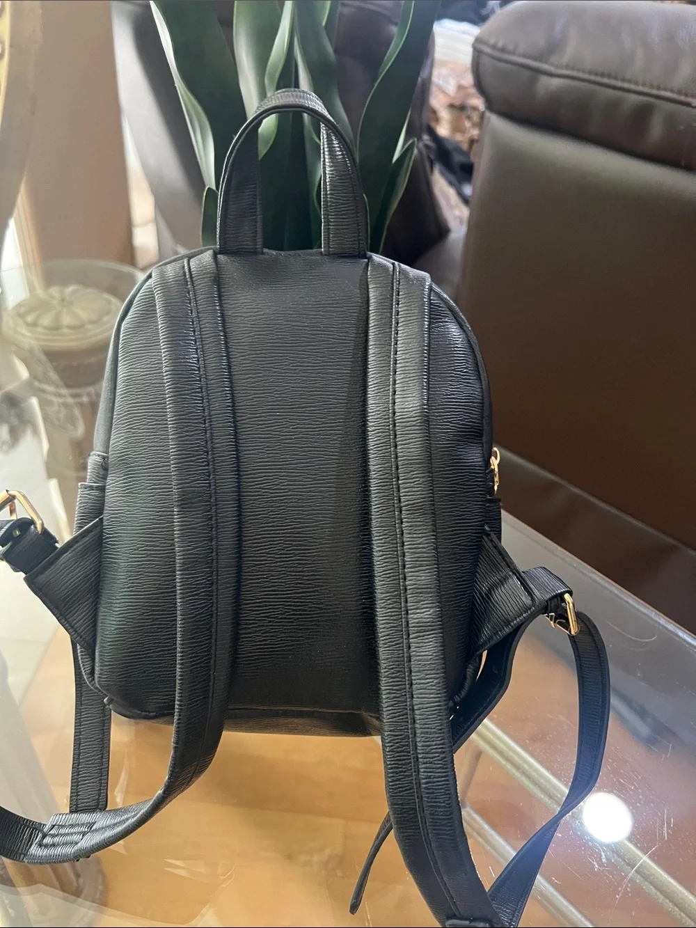 bebe Black Mini Backpack with Gold Script Logo & Chain